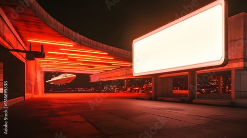 Empty billboard under neon-lit overpass with a hovering craft.