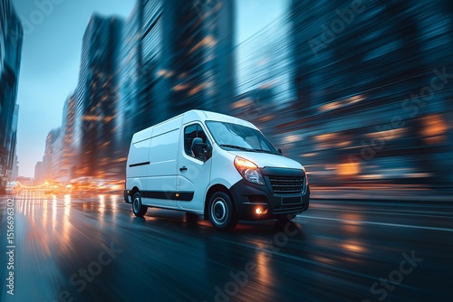 Swift Delivery: A dynamic white van speeds through a vibrant cityscape, highlighting speed and efficiency in logistics, captured in motion with blurred background