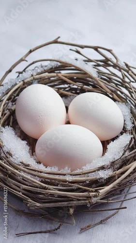 Three white eggs nestled in a rustic bird's nest, speckled with faux snow