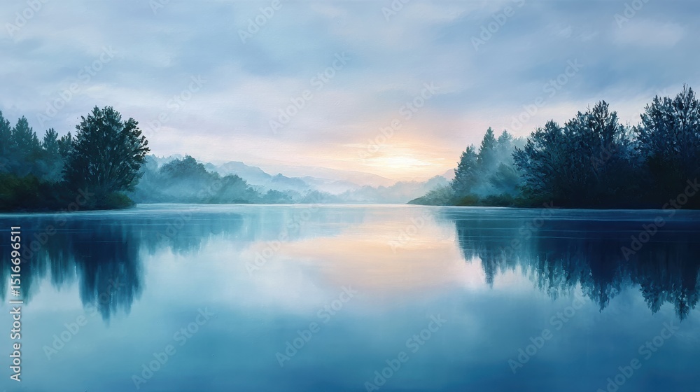 Fototapeta premium A tranquil lake reflects trees and a misty sunrise, with soft pastel colors and a serene, peaceful atmosphere.