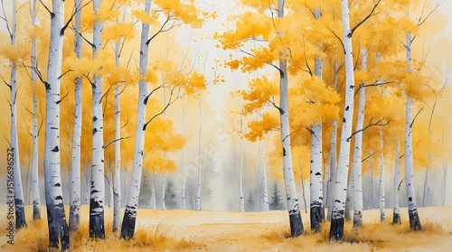Golden Aspens in Autumn Watercolor Painting