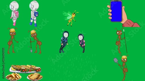 cartoon character backpack green background bee middle hand holding smartphone blue screen ant pink outfit plate food rain falling down shovel two characters backpacks phone man woman.