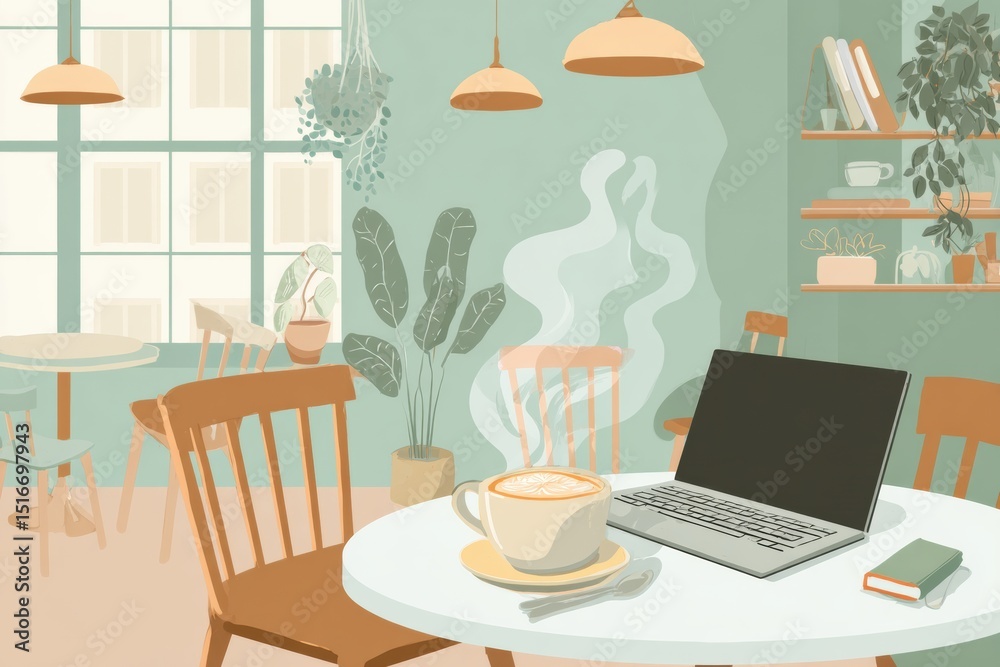 Fototapeta premium Cozy Corner Cafe Setting With Steaming Coffee and an Open Laptop Inviting Relaxation and Productivity