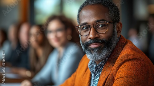 Confident businessman in a meeting, showcasing leadership qualities with an engaging smile. Collaborative environment, focus on teamwork and professionalism.