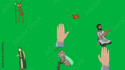 cartoon ant spear green background spider screen two people scuba suits pile dirt white man robe is sitting floor praying character crab dolphins one jumping hammer it persons hand.