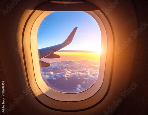 Beautiful sunset, sky on the top view, airplane flying view from inside window 