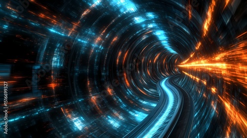 Abstract blue motion background featuring swirling lines, digital light, and a glowing fractal vortex pattern