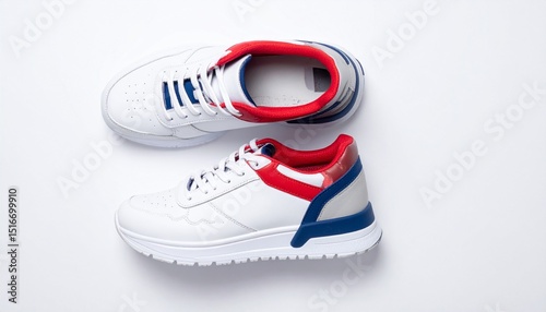 stylish white sneakers with red and blue accents top view