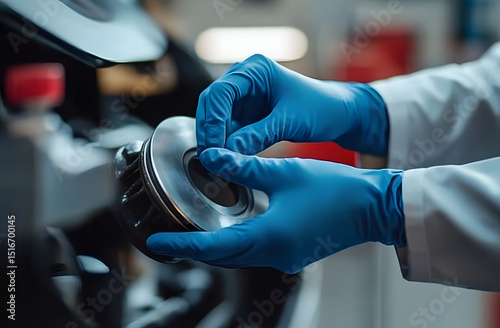 Mechanic replacing brake pads on vehicle. Hands in blue gloves holds car brake disc. Auto repair service, wheel maintenance. Workshop, automotive industry, tech work. Safety, check, car maintenance, photo