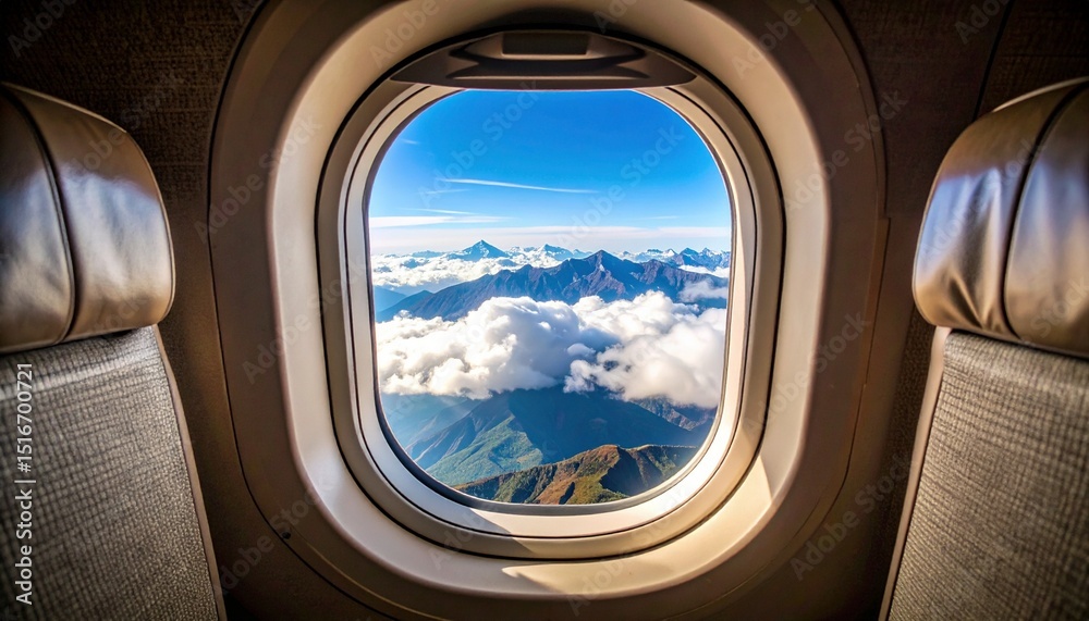 Airplane window. Mountain and clouds view Airplane window. Mountain and clouds view