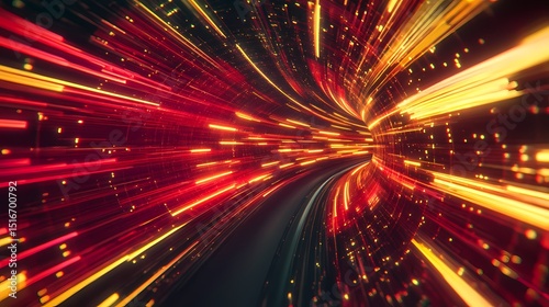 Bright motion light trails illuminate the dark highway at night, creating an energetic and colorful glow