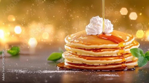 the cute cartoon pancake character is a fluffy and round pancake with a joyful smile, adorned with a dollop of whipped cream and a drizzle of maple syrup, exuding warmth and happiness.