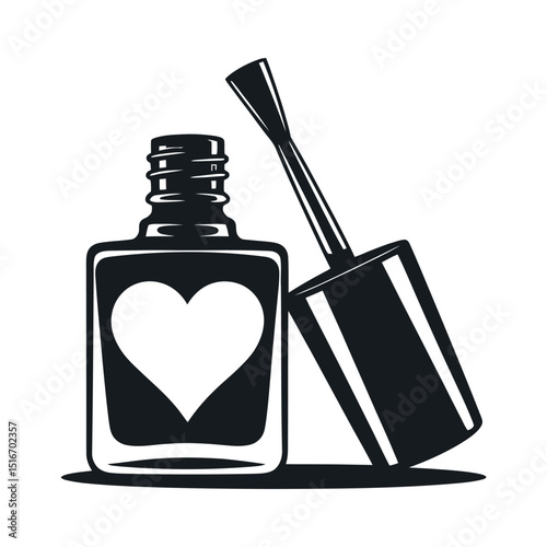 Monochrome Nail Polish Bottle with Heart Shape and Brush Beauty and Fashion Illustration Manicure and Pedicure Concept Isolated Vector Graphic on White Background
