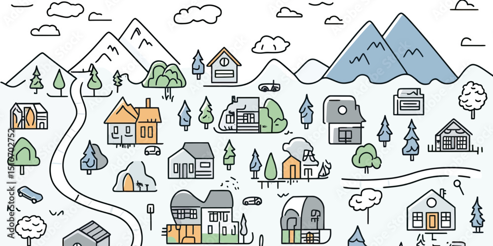 Fototapeta premium Minimalist hand drawn city map with houses, trees, mountains, roads, vehicles, clouds, and landscape elements in flat vector illustration style for village concept