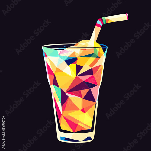 Colorful geometric polygonal glass of juice with straw in flat minimalist vector style on black background for refreshing drink concept illustration
