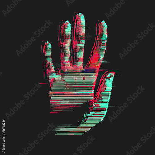 Glitch effect digital handprint with red and green 3D anaglyph distortion lines on black background technology concept vector illustration