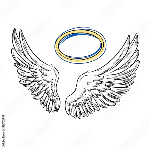 Hand drawn sketch style angel wings with golden halo isolated on white background, minimalist line art spirituality and faith concept illustration