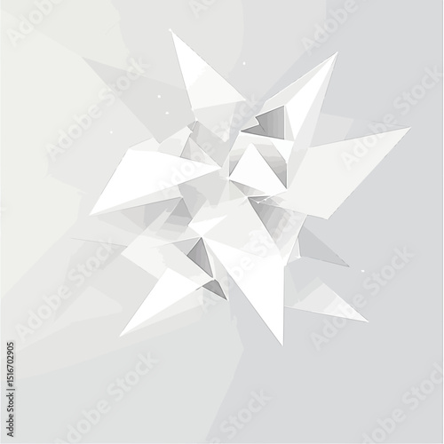 Abstract white geometric polyhedron with sharp triangular facets and low poly 3D polygon design on light gray background for technology and business concept illustration