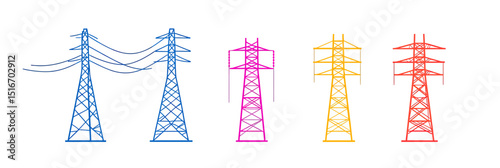 Set of colorful electric power transmission towers with high voltage power lines in flat minimalist vector line style on white background