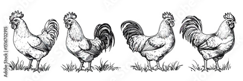 Set of detailed black and white ink hand drawn rooster and chicken illustrations with grass accents in vintage engraving style isolated on white background