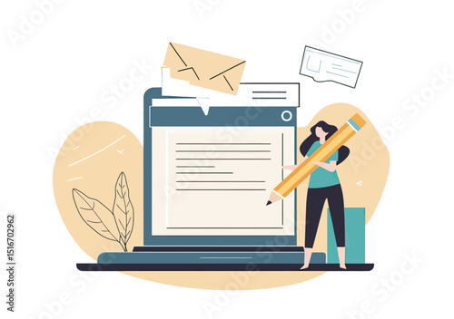 Creative woman holding large pencil next to laptop with text document email and chat message icons flat vector illustration for content writing blogging journalism and editing work concept