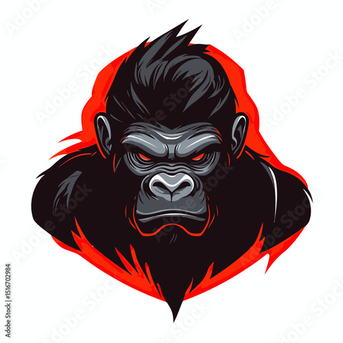 Fierce gorilla head mascot with intense orange eyes dark fur fiery red background aggressive expression vector illustration for esport logo design