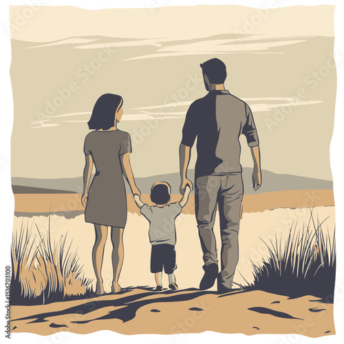 Young family holding hands walking outdoors on sandy path with dry grass and hills in minimalist flat vector style evening scene