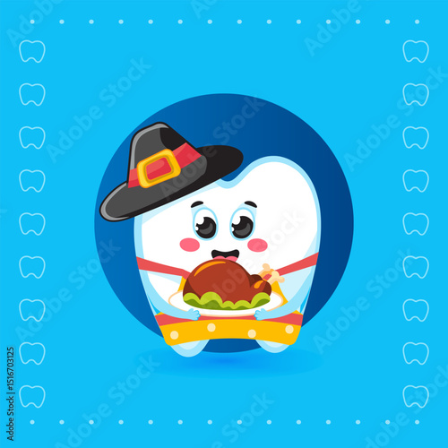 Cute Tooth Character Holding Thanksgiving Turkey