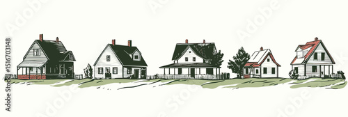 Row of five vintage rustic farmhouse sketches in hand drawn style with pitched roofs chimneys and porches countryside rural homes vector illustration