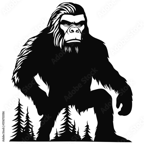 Bigfoot silhouette walking forest mythical creature black and white vector illustration in minimalist flat style with evergreen trees background for wilderness concept design