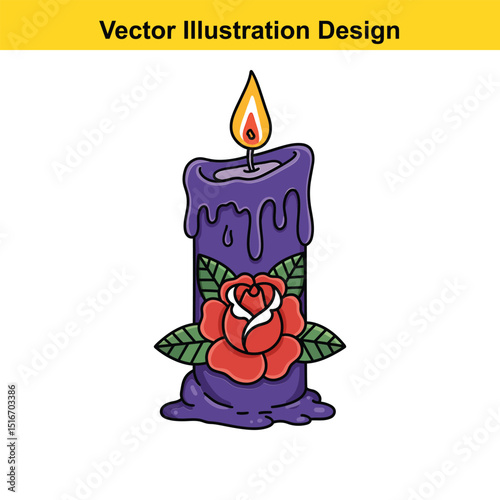Purple candle with red rose tattoo style illustration