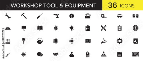 Workshop Tools Silhouette Icon Set – Flat Equipment Vector for Construction, Repair, DIY