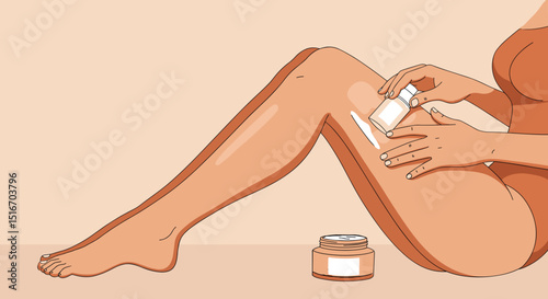 Women's legs illustrating body care, in which a woman applies sunscreen or moisturizer to protect the skin, moisturize, nourish, topic of cosmetology and hygiene