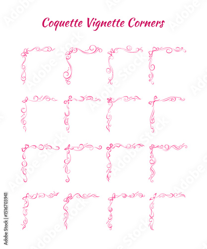 16 hand drawn corners with bow ribbon elements. Elegant editable vignettes for making frames