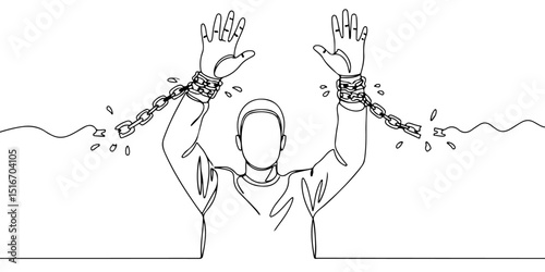 Continuous one line drawing of a man raising his hands with chains coming off, representing freedom and liberation Juneteenth, line art style vector illustration.