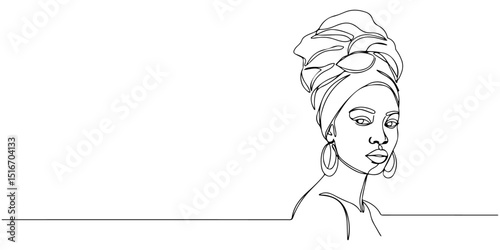 Continuous one line drawing of an African American woman wearing a headwrap proudly, representing cultural identity and pride, Juneteenth day, line art style vector illustration.