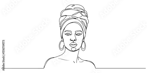 Continuous one line drawing of an African American woman wearing a headwrap proudly, representing cultural identity and pride, Juneteenth day, line art style vector illustration.