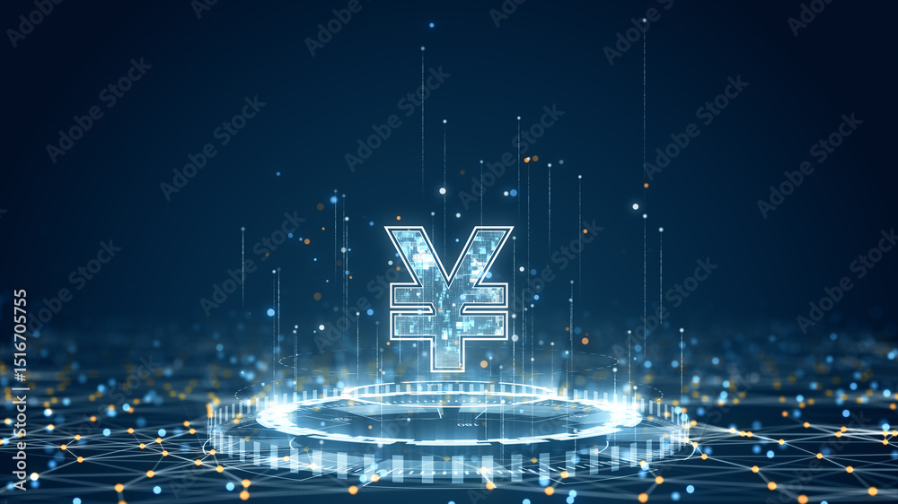 Fototapeta premium Digital yen currency symbol in futuristic financial network setting