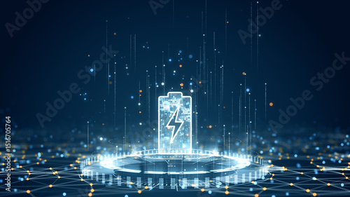 Futuristic glowing battery icon in a digital network background