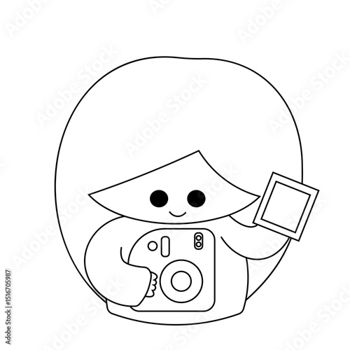 Cute doll girl with instant camera in black and white