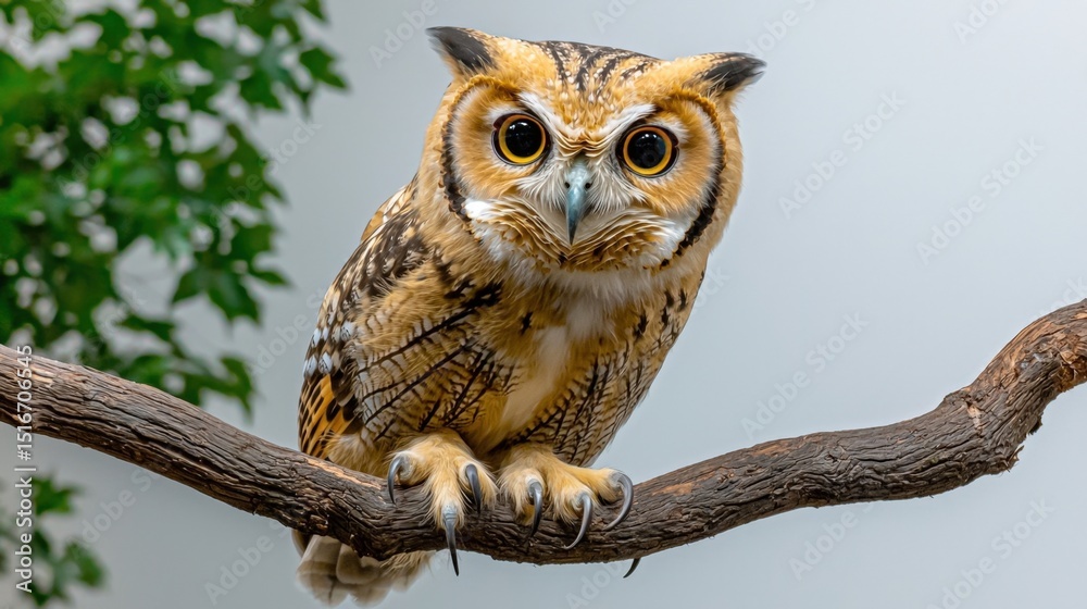 Obraz premium the owl in the photo has large, round eyes with a piercing gaze, fluffy feathers covering its body, and sharp talons perched gracefully on a tree branch