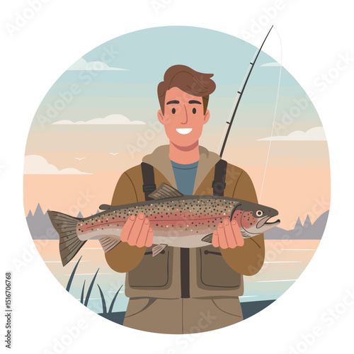 Cheerful angler smiling while holding freshly caught trout in scenic lake setting