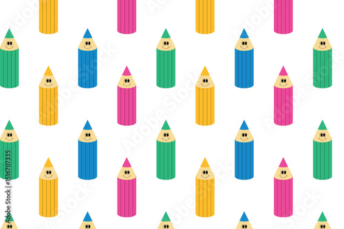 Seamless pattern with cute smiling pencils. Colored pencils. Soon to school, funny stationery. Isolated Vector illustration.
