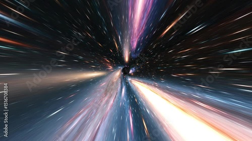 Accelerated travel through space and galaxies - 4K hyperspace animation. Space tunnel, speed of light