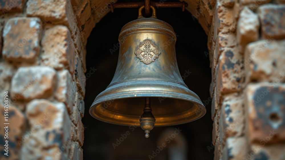 Obraz premium Large bronze bell hanging from a stone archway.