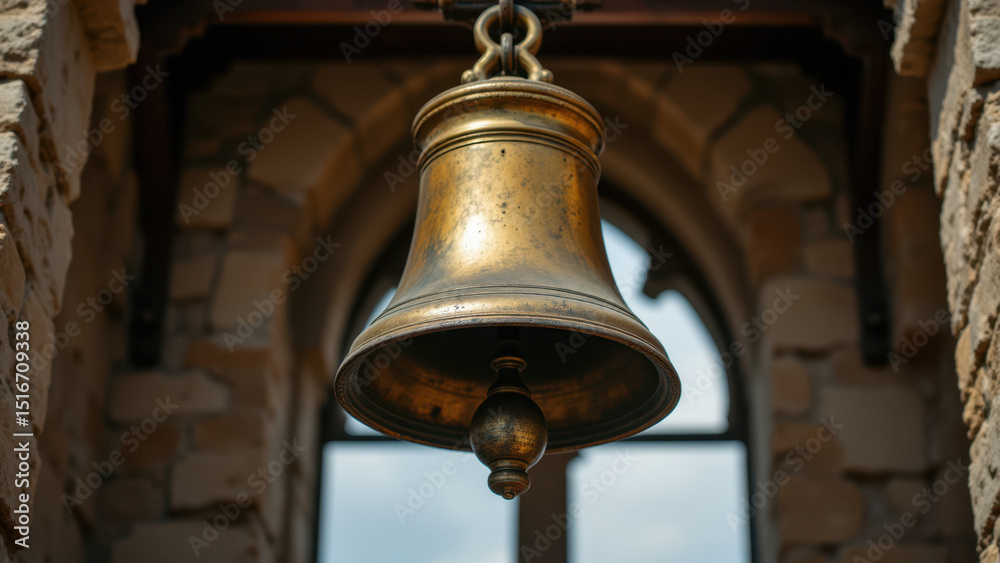 Fototapeta premium A large golden bell hanging from a brick ceiling inside an old church.