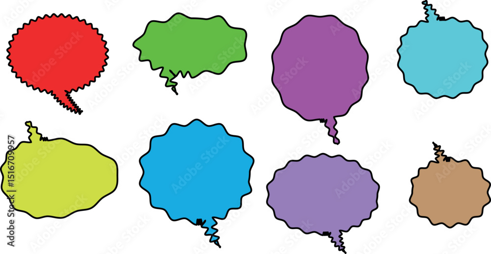 Fototapeta premium Colorful Comic-Style Speech Bubble and Message Box Set: Hand-Drawn Doodle Frames, Dialog Balloons, and Thinking Clouds in Japanese Pop Art Design