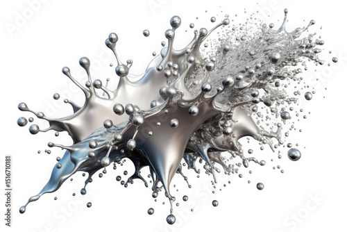 A dynamic splash of silver liquid with mechanical droplets creates a captivating visual display, showcasing energy and movement in an abstract form.