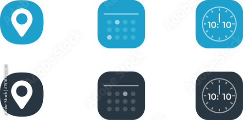 Modern Utility Icons with Location, Calculator, and Clock Symbols in Blue and Dark Shades for App or Website Design