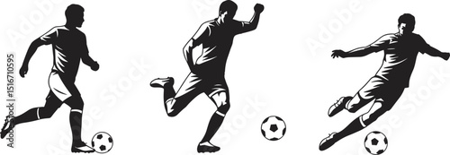 Silhouettes of Soccer Players in Action – Football Athletes Dribbling, Running, and Kicking Ball for Sports, Match, and Game Design